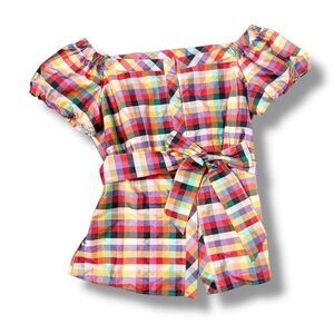 Lafayette New York 148 Square Neck Multicolor Plaid Short Sleeve Belted Blouse 8